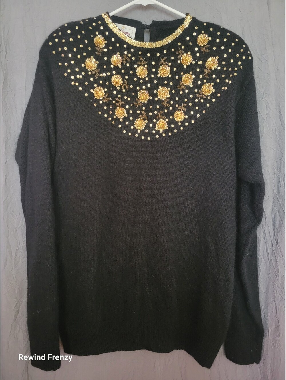 Vintage Worthington Sweater 80s Black Sequin Angora Silk Womens Large Goldbergs